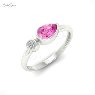 Dual Birthstone Ring in Solid 14k Gold Pink Sapphire And Diamond Bezel Set Promise Ring