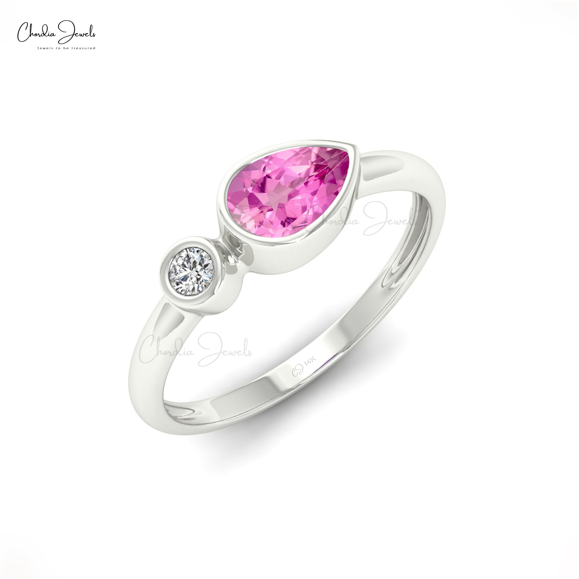 Dual Birthstone Ring in Solid 14k Gold Pink Sapphire And Diamond Bezel Set Promise Ring