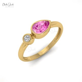 Dual Birthstone Ring in Solid 14k Gold Pink Sapphire And Diamond Bezel Set Promise Ring