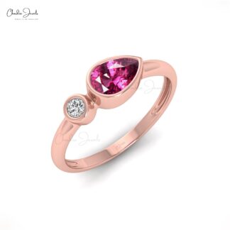 Gemstone Bezel Set Ring With 0.54 Ct Rhodolite Garnet And G-H Diamond 14k Real Gold Rings
