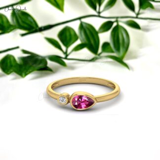 Gemstone Bezel Set Ring With 0.54 Ct Rhodolite Garnet And G-H Diamond 14k Real Gold Rings