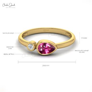 Gemstone Bezel Set Ring With 0.54 Ct Rhodolite Garnet And G-H Diamond 14k Real Gold Rings
