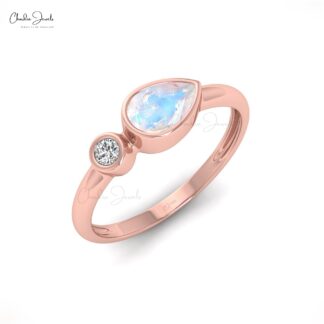Pear Rainbow Moonstone Ring With White Diamond Accents In Real 14k Gold 2 Stone Ring
