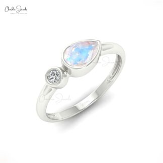 Pear Rainbow Moonstone Ring With White Diamond Accents In Real 14k Gold 2 Stone Ring