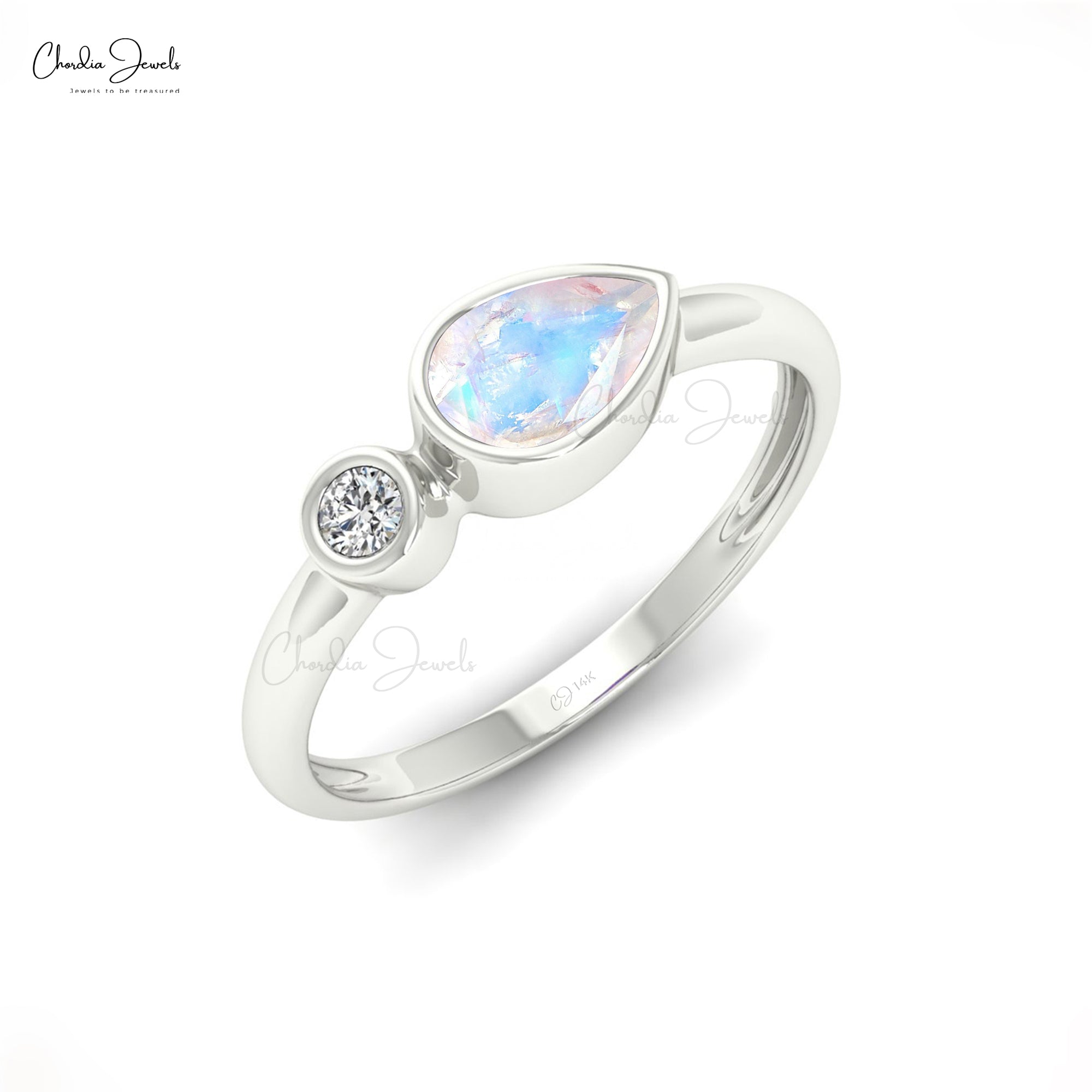 Pear Rainbow Moonstone Ring With White Diamond Accents In Real 14k Gold 2 Stone Ring