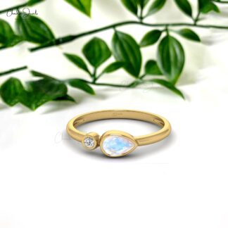 Pear Rainbow Moonstone Ring With White Diamond Accents In Real 14k Gold 2 Stone Ring