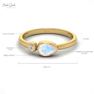 Pear Rainbow Moonstone Ring With White Diamond Accents In Real 14k Gold 2 Stone Ring
