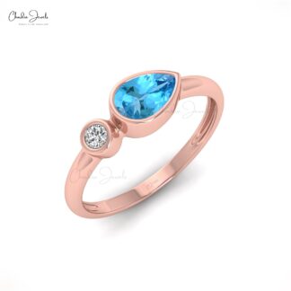 Pear Cut Unique Band In Pure 14k Gold Swiss Blue Topaz Diamond 2 Stone Ring For Her