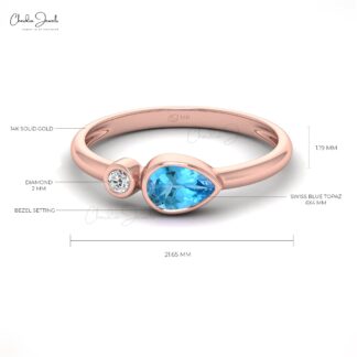 Pear Cut Unique Band In Pure 14k Gold Swiss Blue Topaz Diamond 2 Stone Ring For Her