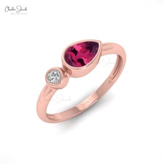 Two Stone Women Ring With 0.22 Ct Pink Tourmaline And Diamond Bezel Set In 14k Gold Ring