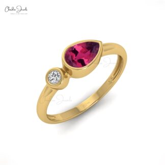 Two Stone Women Ring With 0.22 Ct Pink Tourmaline And Diamond Bezel Set In 14k Gold Ring