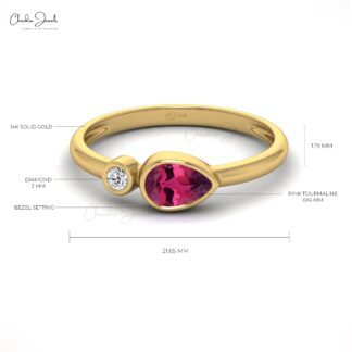 Two Stone Women Ring With 0.22 Ct Pink Tourmaline And Diamond Bezel Set In 14k Gold Ring