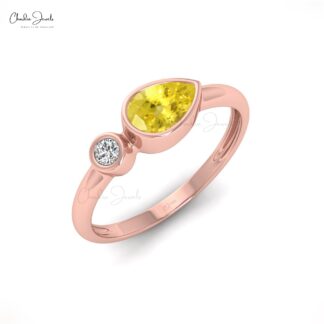 Real 14k Gold Bezel Set Ring With 6x4mm Yellow Sapphire Diamond 2 Stone Handmade Ring