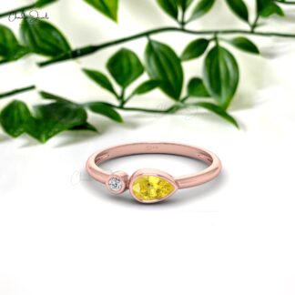 Real 14k Gold Bezel Set Ring With 6x4mm Yellow Sapphire Diamond 2 Stone Handmade Ring