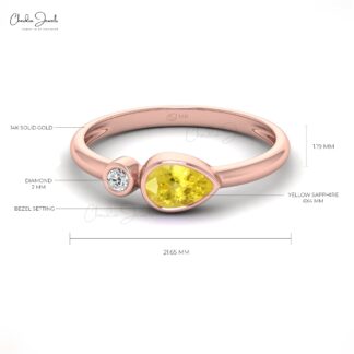 Real 14k Gold Bezel Set Ring With 6x4mm Yellow Sapphire Diamond 2 Stone Handmade Ring