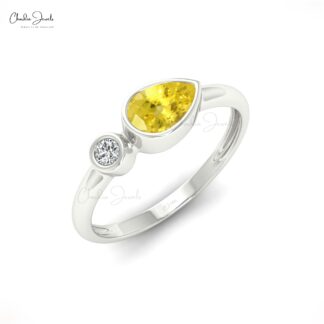 Real 14k Gold Bezel Set Ring With 6x4mm Yellow Sapphire Diamond 2 Stone Handmade Ring