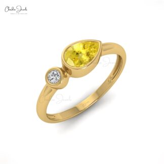 Real 14k Gold Bezel Set Ring With 6x4mm Yellow Sapphire Diamond 2 Stone Handmade Ring