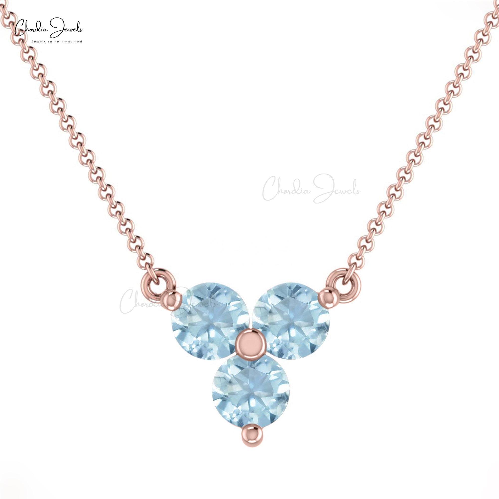 Trilogy Stone Chain Necklace in 14k Solid Gold Aquamarine 0.51 Ct Gemstone Bridal Jewelry
