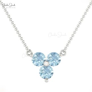 Trilogy Stone Chain Necklace in 14k Solid Gold Aquamarine 0.51 Ct Gemstone Bridal Jewelry