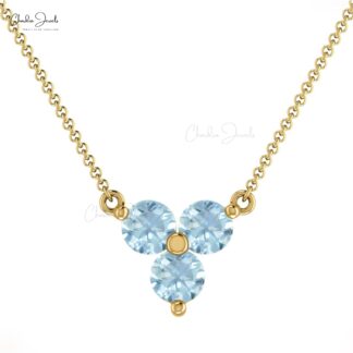Trilogy Stone Chain Necklace in 14k Solid Gold Aquamarine 0.51 Ct Gemstone Bridal Jewelry