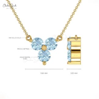 Trilogy Stone Chain Necklace in 14k Solid Gold Aquamarine 0.51 Ct Gemstone Bridal Jewelry
