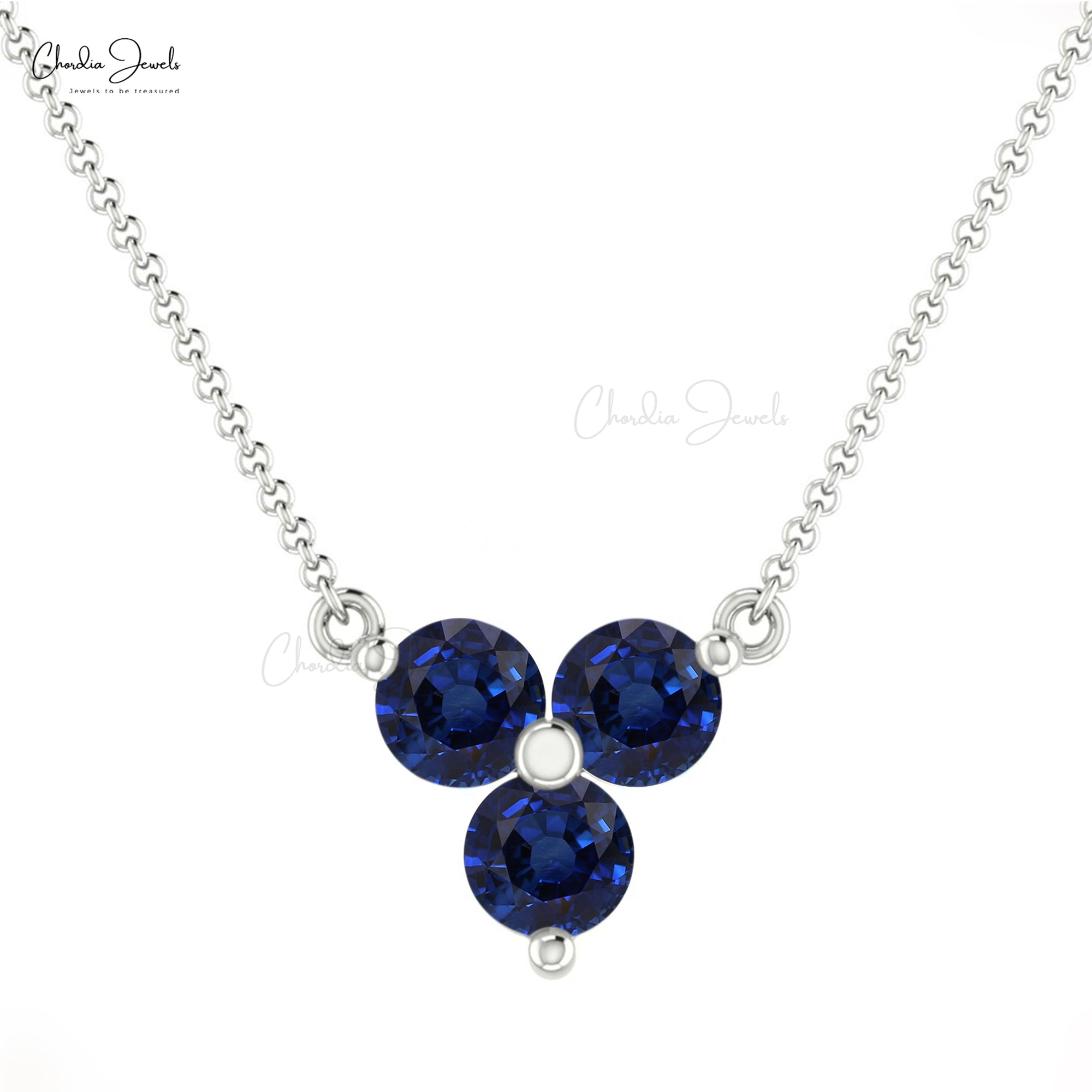 Pure 14k Gold 3 Stone Chain Necklace with 3mm Blue Sapphire Cluster Women Necklaces