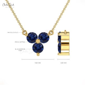 Pure 14k Gold 3 Stone Chain Necklace with 3mm Blue Sapphire Cluster Women Necklaces