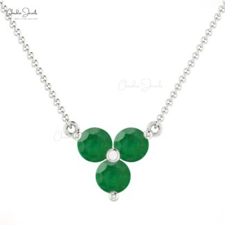 Trio Gemstone Necklace With 0.30 Ct Zambian Emerald Prong Set In 14k Solid Gold Necklace