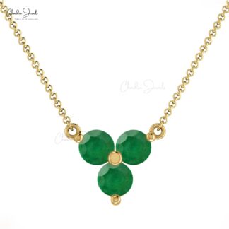 Trio Gemstone Necklace With 0.30 Ct Zambian Emerald Prong Set In 14k Solid Gold Necklace