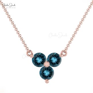 3 Stone London Blue Topaz Cluster Chain Necklace In 14k Solid Gold