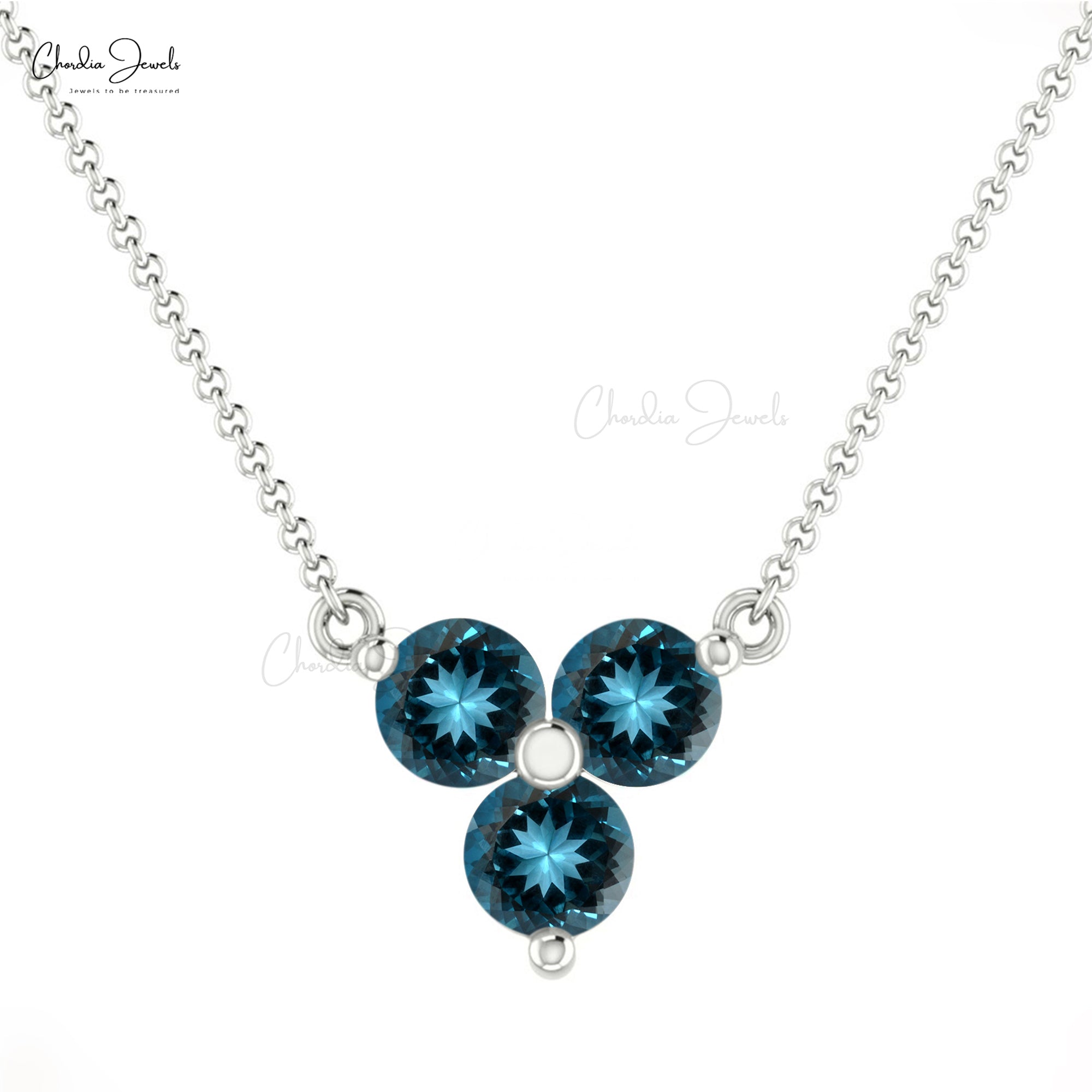 3 Stone London Blue Topaz Cluster Chain Necklace In 14k Solid Gold