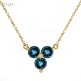 3 Stone London Blue Topaz Cluster Chain Necklace In 14k Solid Gold