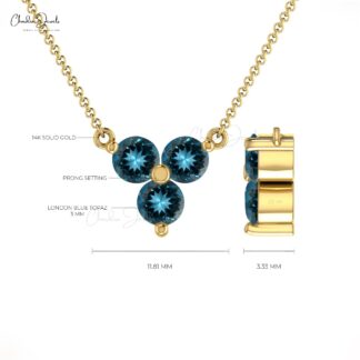 3 Stone London Blue Topaz Cluster Chain Necklace In 14k Solid Gold