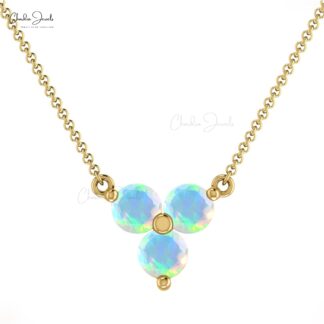 Genuine Opal Gemstone Solid 14k Gold Three Stone Necklace