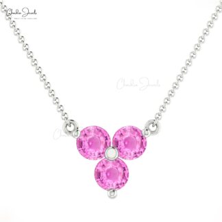 Natural Pink Sapphire Cluster Necklace With 3mm Gemstone Thin Chain 14k Gold Necklace