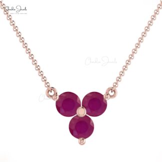 Three Stone Chain Necklace In 14k Real Gold Burma Ruby 3mm Gemstone Women Necklaces