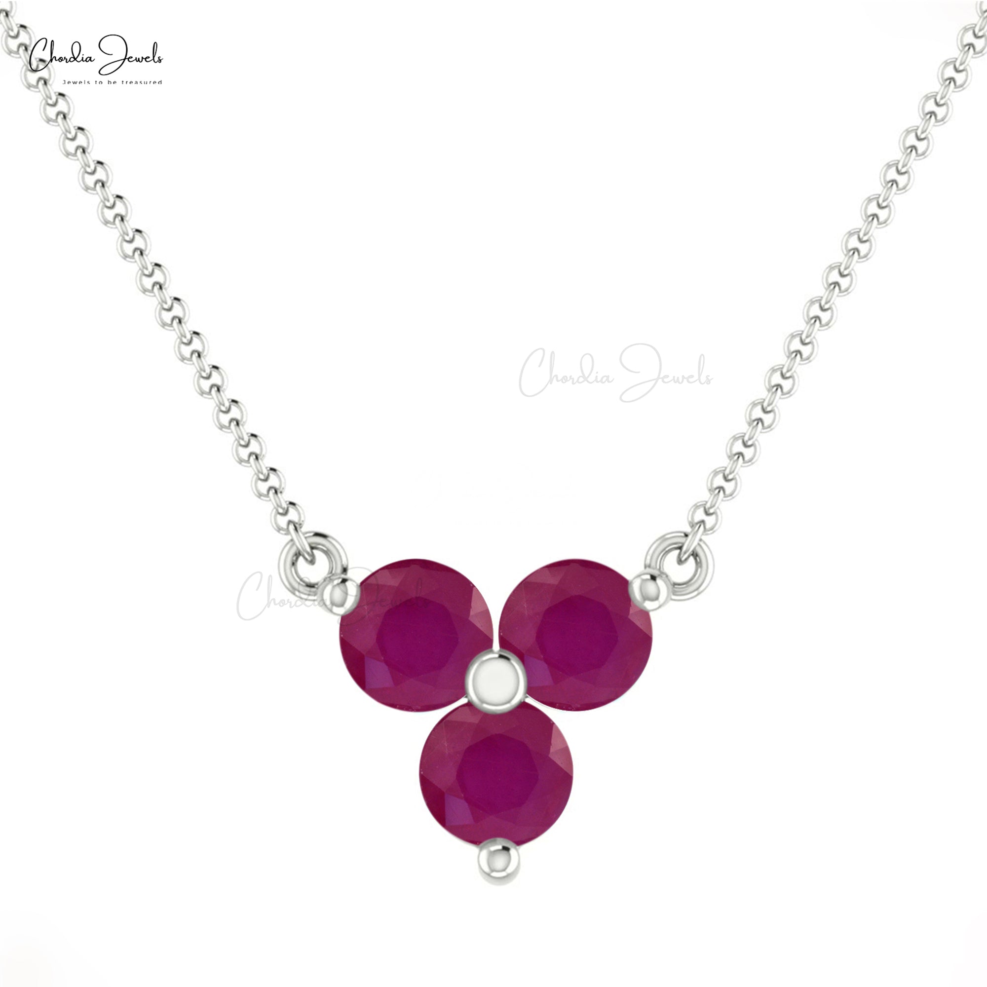 Three Stone Chain Necklace In 14k Real Gold Burma Ruby 3mm Gemstone Women Necklaces