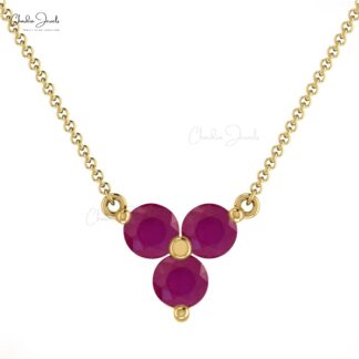 Three Stone Chain Necklace In 14k Real Gold Burma Ruby 3mm Gemstone Women Necklaces