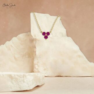 Three Stone Chain Necklace In 14k Real Gold Burma Ruby 3mm Gemstone Women Necklaces