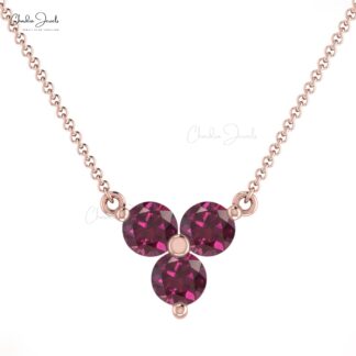 Cluster 3 Stone Necklace With 3mm Rhodolite Garnet Prong Set In 14k Real Gold Necklace