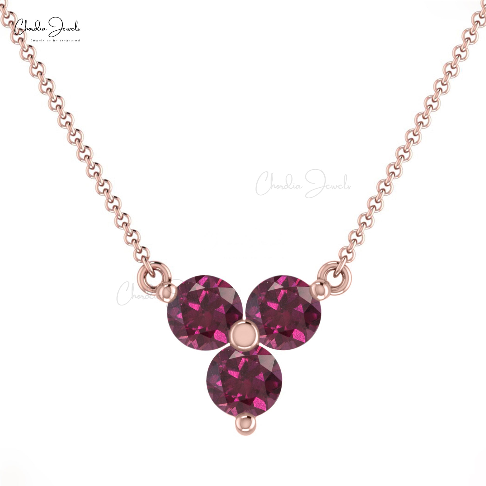 Cluster 3 Stone Necklace With 3mm Rhodolite Garnet Prong Set In 14k Real Gold Necklace