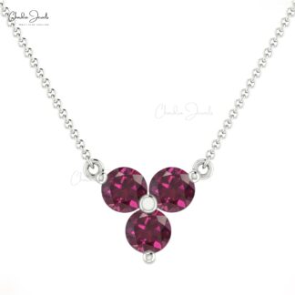 Cluster 3 Stone Necklace With 3mm Rhodolite Garnet Prong Set In 14k Real Gold Necklace