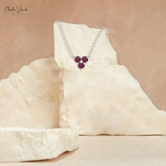 Cluster 3 Stone Necklace With 3mm Rhodolite Garnet Prong Set In 14k Real Gold Necklace
