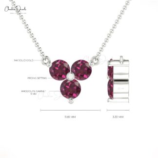 Cluster 3 Stone Necklace With 3mm Rhodolite Garnet Prong Set In 14k Real Gold Necklace