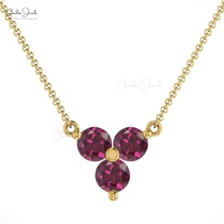 Cluster 3 Stone Necklace With 3mm Rhodolite Garnet Prong Set In 14k Real Gold Necklace