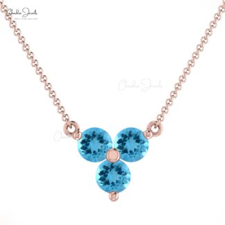 Dainty Trio Gemstone Necklace In Pure 14k Gold Swiss Blue Topaz Birthstone Necklace