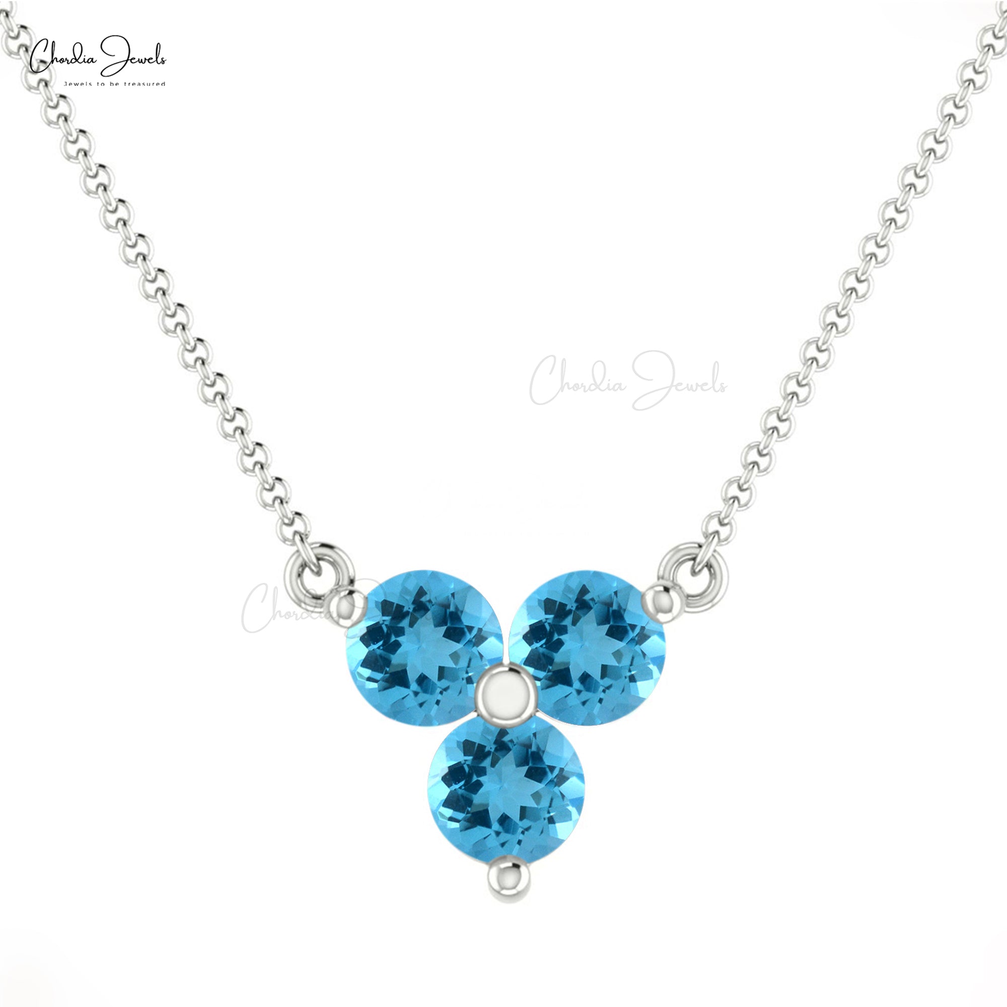 Dainty Trio Gemstone Necklace In Pure 14k Gold Swiss Blue Topaz Birthstone Necklace
