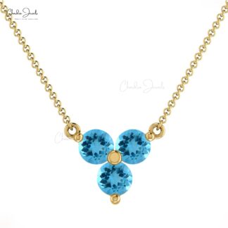 Dainty Trio Gemstone Necklace In Pure 14k Gold Swiss Blue Topaz Birthstone Necklace