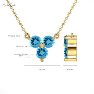 Dainty Trio Gemstone Necklace In Pure 14k Gold Swiss Blue Topaz Birthstone Necklace