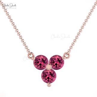 Triple Pink Tourmaline Chain Necklace With 3mm Gemstone 14k Real Gold Cluster Jewelry